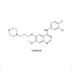 Gefitinib molecule flat skeletal structure, Tyrosine kinase - EGFR inhibitor used in non-small cell lung cancer Vector illustration on white background.