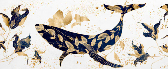 Luxury art background with whale and gold and blue floral pattern. Banner with hand drawn floral and animal pattern for wallpaper design, print, textile, decor, packaging, invitations. - obrazy, fototapety, plakaty