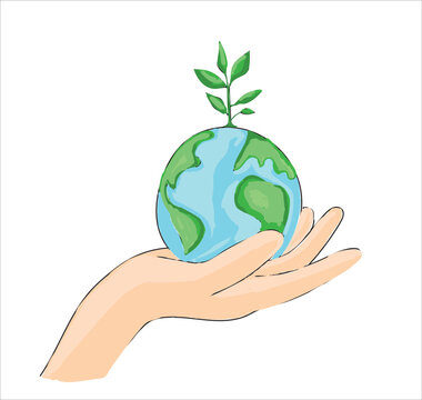 Planet earth and sapling in human hand. Sketch line vector illustration