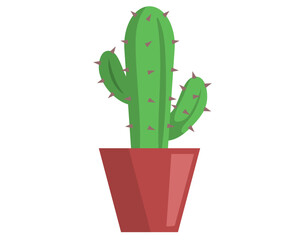 Potted plant for office or house interior. Small cactus with thorns in ceramic container. Houseplant in red flowerpot for home decoration. Natural design element, indoor plant vector illustration