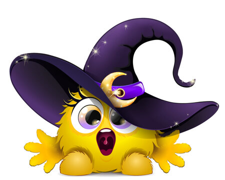 Cute fluffy funny cartoon pink screaming monster in purple witch hat with moon belt