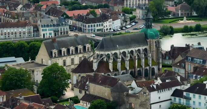 Aerial view of the French city of Joigny. Joigny is a commune in the Yonne department in Bourgogne-Franche-Comte in north-central France