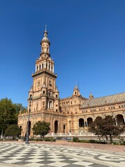 Plaza de Espana - a landmark example of Regionalism Architecture, mixing elements of the Baroque Revival, Renaissance Revival and Moorish Revival styles of Spanish architecture, Seville, Spain. High