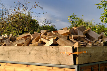 full tractor trailer of firewood chopped on logs, logging for winter, concept stoking stove,...