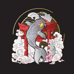 koi fish illustration design with retro japanese style background