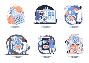 Health care program metaphor, online medical services, protection medicine. Medical insurance, hospital services, preventive check up, sick leave certificate treatment diagnosis patients, telemedicine