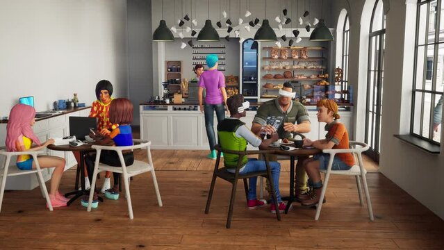 People avatar metting in virtual reality metaverse coffee shop. 3d render
