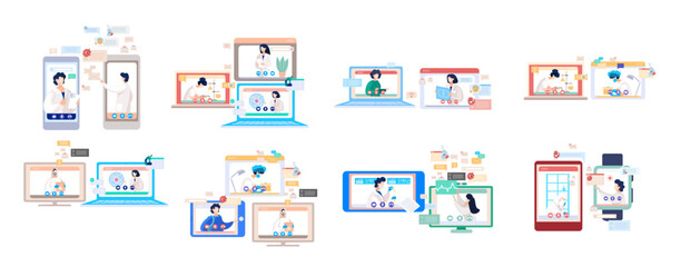 Online doctor conference, consultation via your smartphone. Concept for medical app and websites. Remote meetings of scientists conferring on fight against viruses and scientific researches