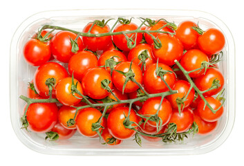 Cherry tomatoes on the vine, in clear plastic container, from above, isolated on white background. Fresh and ripe type of red, small and round cocktail tomatoes, Solanum lycopersicum var. cerasiforme.