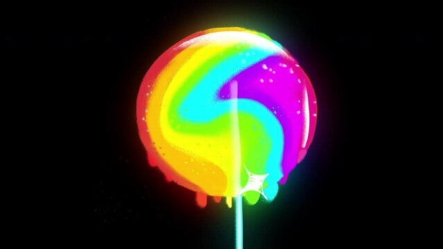 Rainbow shining candy animation on black screen. The concept of childhood, gift, temptation, saturation. Stock video of cartoon sweets in 4k with alpha channel.