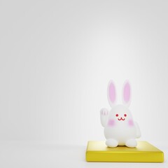 Beckoning Rabbit Figurin - "Maneki-Usagi", with a paw raised in a Japanese beckoning gesture, which is believed to bring good luck to the owner, especially in 2023, year of the rabbit (3D rendering)