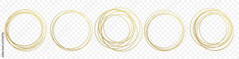 Poster Hand drawn gold circle line sketch set. Vector golden circular scribble doodle round circles for message note mark design element. Pencil or pen graffiti bubble or ball draft illustration