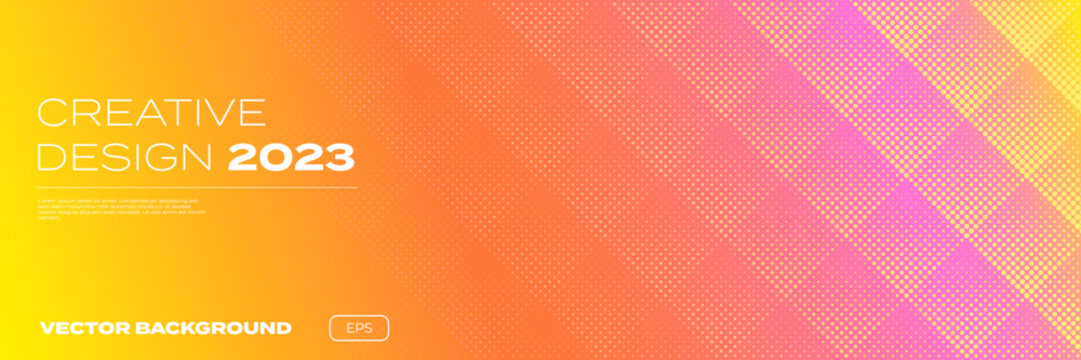 Color gradient background, halftone pattern, vector abstract trendy geometric graphic design. Simple minimal square and dots halftone yellow orange and pink color gradient pattern background
