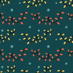 Holiday seamless pattern with shiny colored garland bulbs. Christmas and New Year, burning lanterns on a green background.