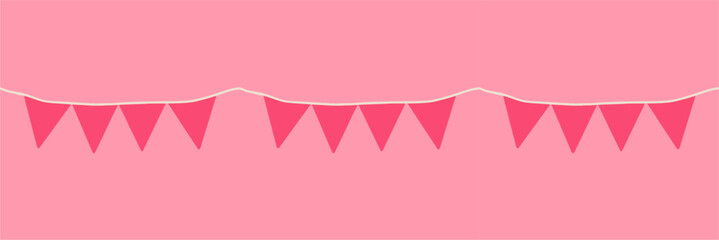 Pink retro bunting garlands isolated on pink background. Vector illustration. Happy birthday seamless banner, fiesta border, carnival holiday header.