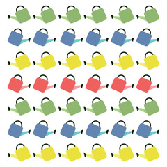 Watering can seamless pattern. Garden background. Repeated texture in doodle style for fabric, wrapping paper, wallpaper, tissue. Vector illustration.

