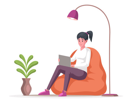 Woman working remotely at home, Freelance or remote job concept. Lady with computer sits in bag chair. Girl studying courses or working online. Female freelancer with laptop vector illustration