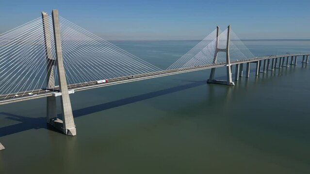 Aerial footage Vasco da Gama bridge at Park of The Nations in Lisbon (Parque das Na&ccedil;&otilde;es)