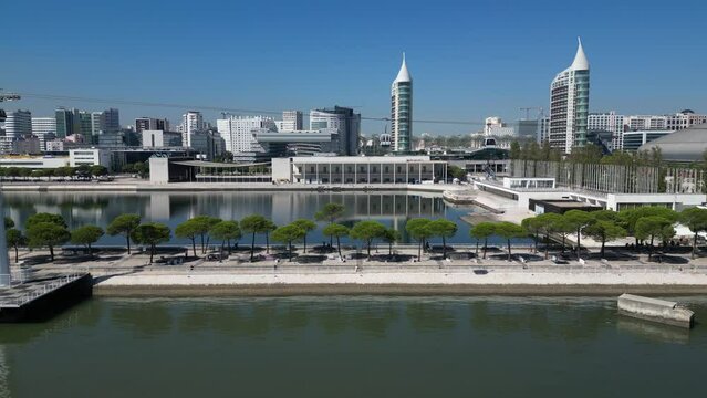 Aerial footage of Park of The Nations in Lisbon (Parque das Na&ccedil;&otilde;es)