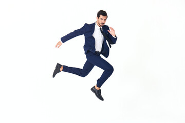 Fototapeta na wymiar Man business smile with teeth in costume running and jumping flying up open mouth happiness and surprise full-length on white isolated background copy space 
