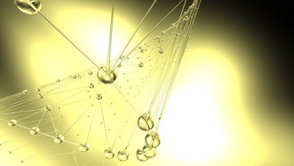 Clear glass atom structure on soft yellow background. Concept of biological science, network technology and human strategy. 3D CG. 3D high quality rendering. 3D illustration.