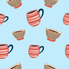 Seamless pattern of blue mugs with hearts. Blue background. Design print to social media, textile, wallpaper, wrapping paper. Element for pottery shop, tableware, craft home decor.