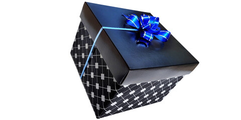 black gift box with blue and golden ribbon, gift concept
