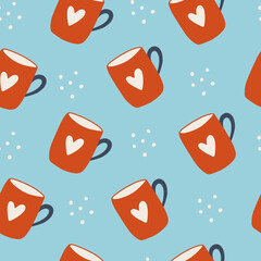 Seamless pattern of red mugs with hearts. Hygge style. Retro print to social media, textile, wallpaper, wrapping paper. Concept for winter time, tea party, pottery studio ad.