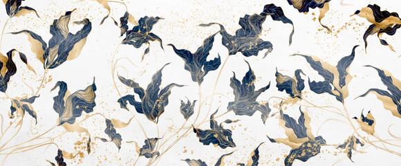 Luxury abstract art background with flowers and leaves in blue and gold art line. Hand drawn botanical banner for wallpaper design, decor, print, packaging, interior, textile. - obrazy, fototapety, plakaty