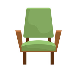 Green armchair icon. Comfortable chair with two armrests. Furniture in minimalist style and pastel colors. Design element for apartment, decoration and design. Cartoon flat vector illustration