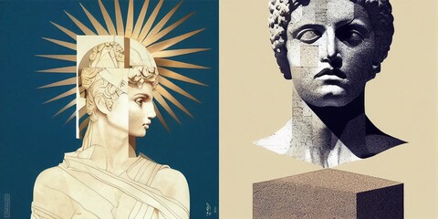Greek and roman statue inspired abstract artwork with colourful and black and white aspects. Mixture of modern and classic art. 