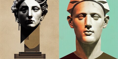 Greek and Roman head of statue. colourful abstract plaster bust art. 