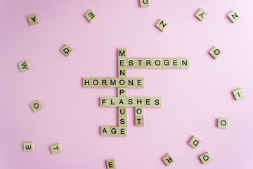 Word Menopause, Esrogen, Hormone, Age and Hot Flashes on wooden blocks on pink background. Women's...