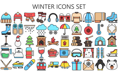 Fototapeta na wymiar Winter icons set. Jackets, sweater, hot drink, winter sport, snow, Christmas theme, gloves and more. use for modern UI or UX kit, digital banner and app. vector EPS 10 ready convert to SVG.