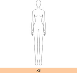 XS size Women Fashion template 9 nine head Croquis Lady model skinny body with main lines figure front view. Vector outline isolated girl for Fashion Design, Illustration, technical drawing