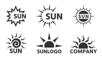 Sun logo flat tag set. Various shape sunshine business emblem. Sunny hot logotype with company name isolated on white. Cartoon summer sunlight rays sunrise sunset badge. Simple graphic solar label