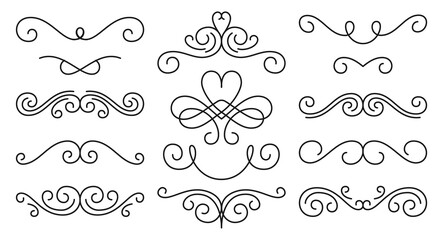 Swirl retro ornament linear set. Vintage flourish ornate border. Victorian style filigree line curl. Decorative design elements for greeting invitation card, labels tags. Text divider, page delimiter