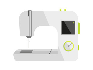 Electric automatic sewing machine white flat. Needle display control seamstress creating clothes hobby tailor craft textile product equipment handmade survival designer stylist icon atelier isolated
