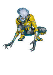official alien on a sci-fi outfit walking in a white background is watching you