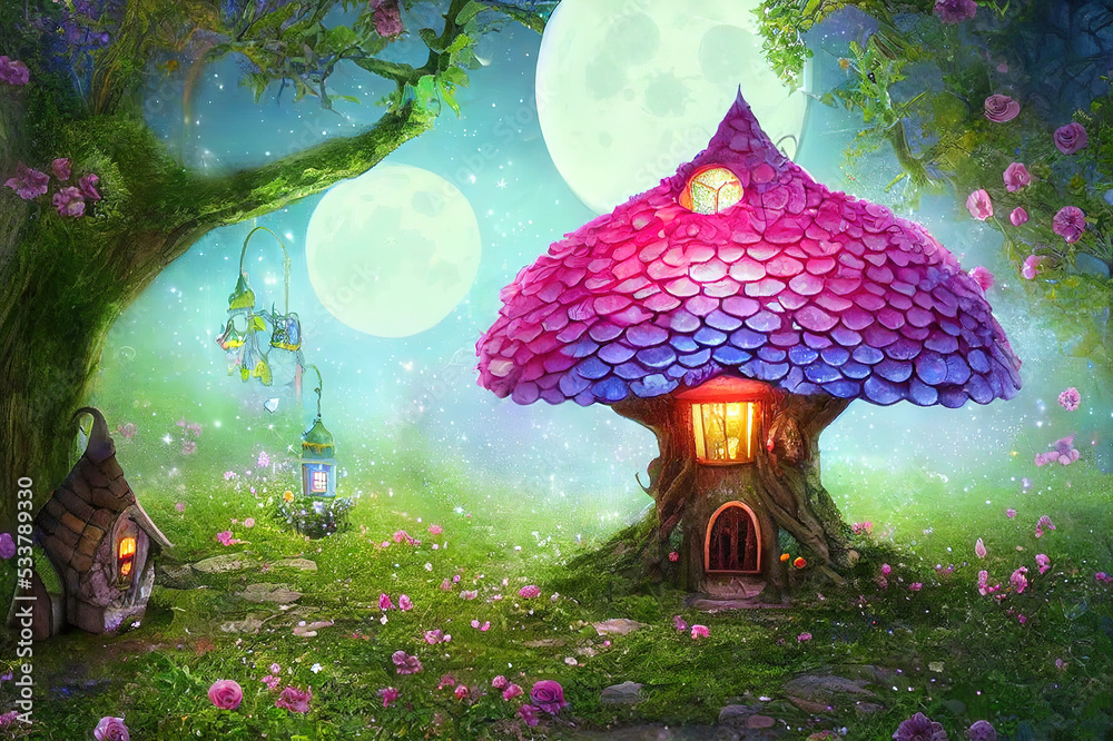 Canvas Prints Magical fantasy elf or gnome house in tree with window and lantern, bench in enchanted fairy tale forest with fabulous fairytale blooming pink rose flower garden and shiny glowing moon rays in night