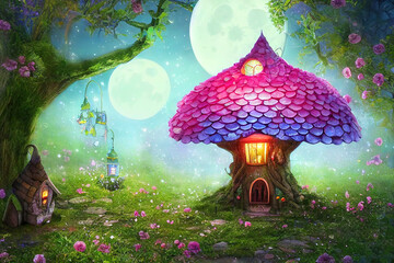 Magical fantasy elf or gnome house in tree with window and lantern, bench in enchanted fairy tale forest with fabulous fairytale blooming pink rose flower garden and shiny glowing moon rays in night - obrazy, fototapety, plakaty