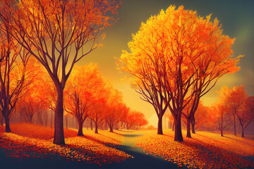 Naklejka na ściany i meble Autumn landscape background with trees cartoon style, illustration