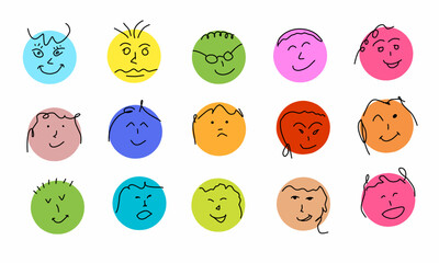 Obraz premium Round abstract comic Faces with various Emotions. Crayon drawing style. Different colorful characters. Cartoon style. Flat design. Hand drawn trendy Vector illustration.