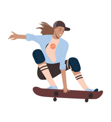 Young girl skater. Woman jumping on skateboard, stunts and extreme sports. Leisure, active lifestyle and hobby. Teenager and child in casual clothes. Poster or banner. Cartoon flat vector illustration
