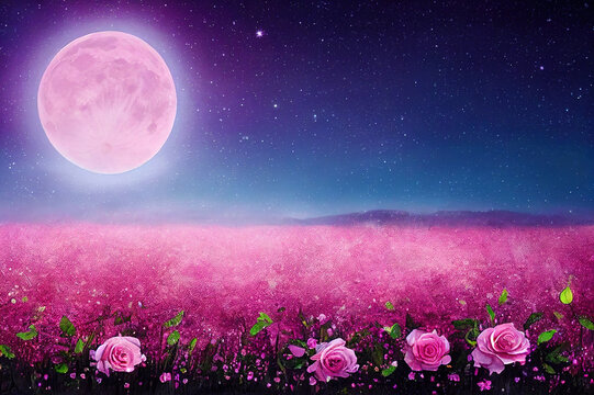 Magical fantasy enchanted fairy tale landscape with fabulous fairytale blooming pink rose flower garden and flying butterflies, on blurred mysterious blue background and shiny glowing moon ray in