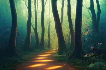 Heart road in a fantasy forest with magic light High quality 2d illustration