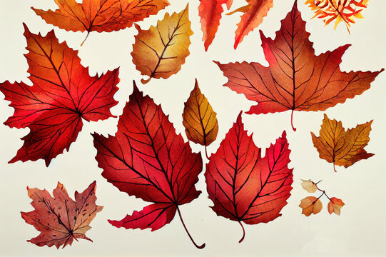 Watercolor autumn leaves in the shape of a heart isolated on white background. Rowan, maple, oak leaf. Hand painted botanical illustration. Autumn natural elements for stickers, invitations, cards
