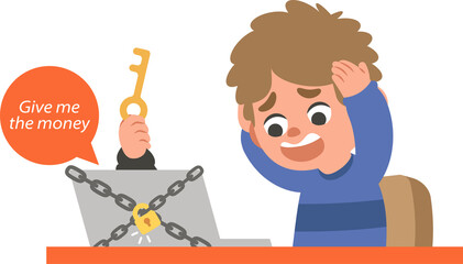 A man's laptop was locked and demanded a ransom from an anonymous hacker. illustration vector cartoon character design on white background. Crime concept.