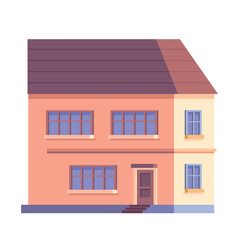 Street landscape icon. Beige two story house with dark brown roof. Graphic element for website, Sticker for social networks. Comfortable, cozy and luxurious building. Cartoon flat vector illustration