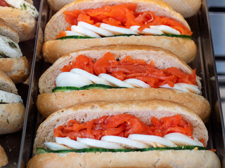 Delicious German filled mini baguette with salmon, fresh cucumber and boiled eggs